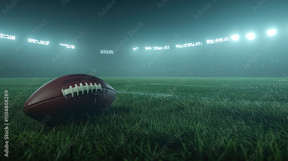 A close-up of an American football on a foggy field, illuminated by stadium lights. A close-up of an American football on a foggy field, illuminated by stadium lights.