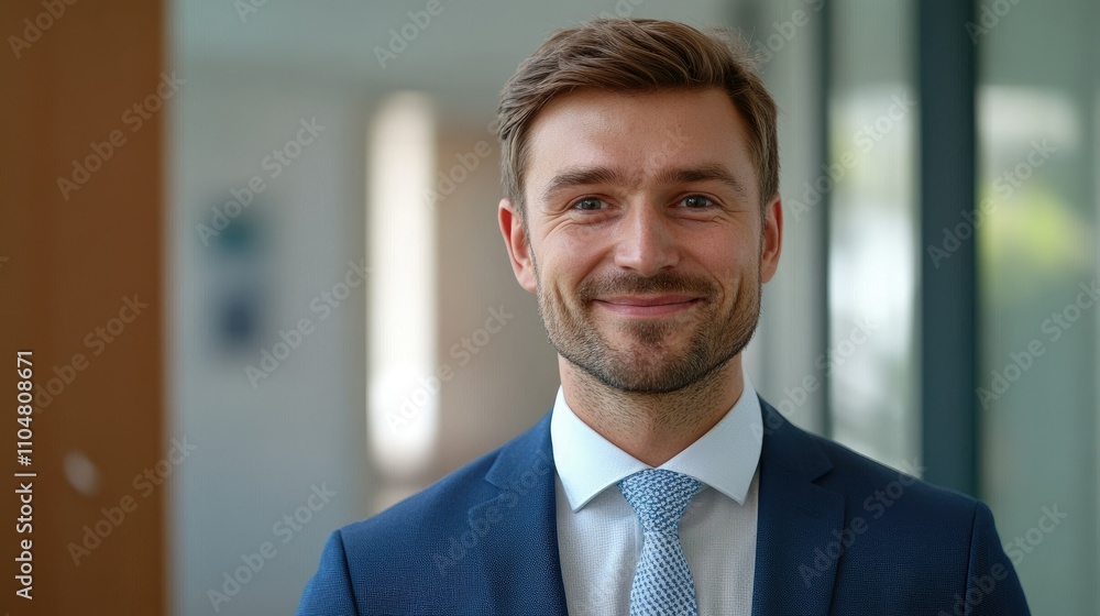 A smiling man in a suit, conveying professionalism and confidence in a modern office setting. A smiling man in a suit, conveying professionalism and confidence in a modern office setting.