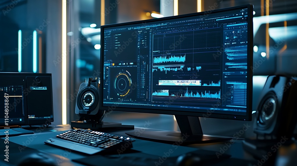 A professional workspace with a computer monitor displaying a video editing timeline and tools A professional workspace with a computer monitor displaying a video editing timeline and tools