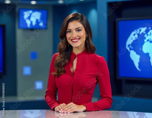 TV presenter woman in the newsroom, newscaster anchor behind the desk
