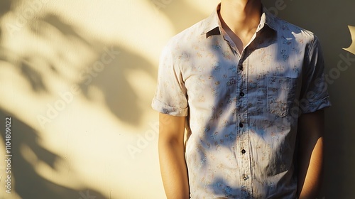 A person wearing a stylish button-up shirt while standing against a light-colored wall, looking professional