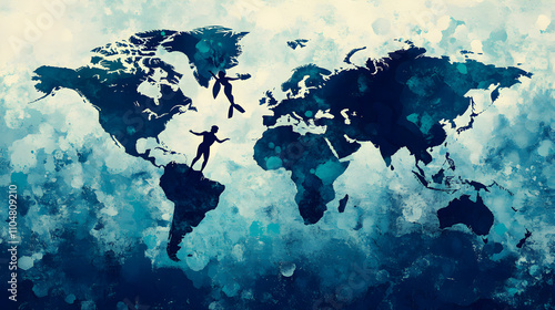 Global Diving Adventure World Map with Silhouette Divers photo