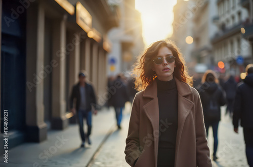 woman walking, long coat, sunglasses and wavy long hair, cobblestone paved street, sunset dawn