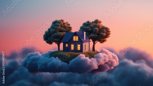 A whimsical house perched on clouds during sunset, surrounded by trees, evoking a dreamlike, serene atmosphere.