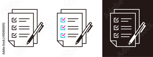 書類のアイコン。クリップボードやアンケート、チェックリストのベクターイラスト。ビジネスにおける資料。