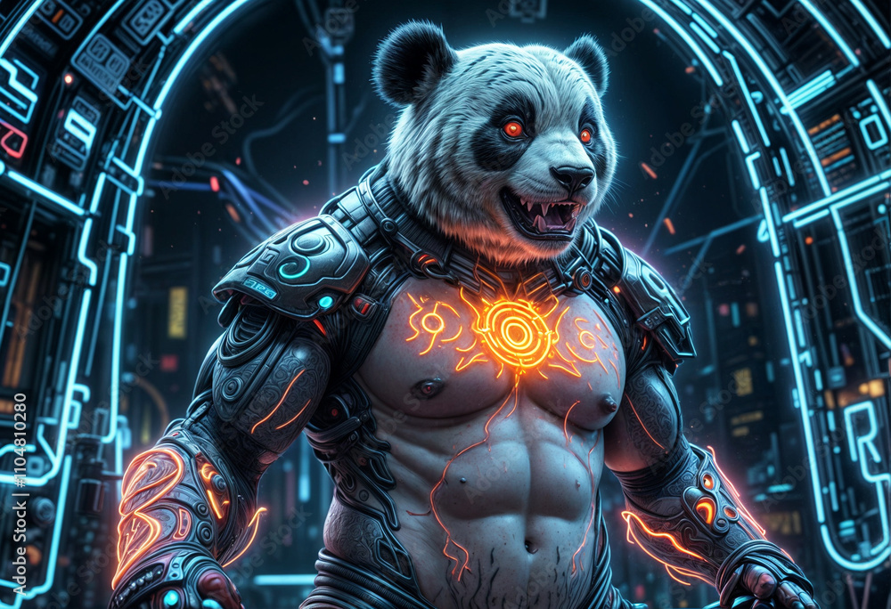 a hyper-realistic detailed image of a pumped up neon-lit tattooed humanoid panda on a brinary energy blast background - generated by ai a hyper-realistic detailed image of a pumped up neon-lit tattooed humanoid panda on a brinary energy blast background - generated by ai