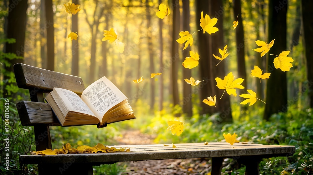 Naklejka premium Open book rests on wooden bench autumn leaves fall