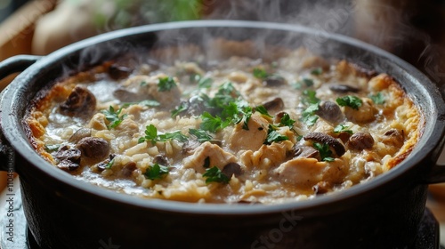 A steaming pot of chicken and mushroom risotto garnished with fresh parsley.