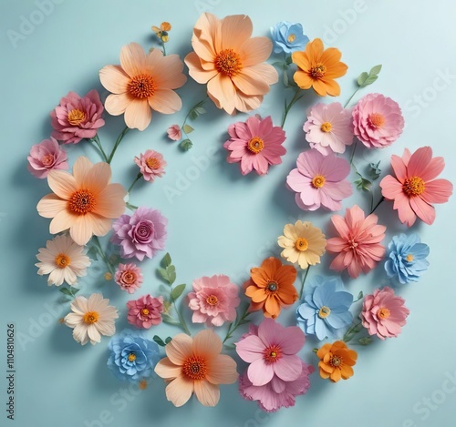 Delicate colourful handmade paper flowers arranged on a soft light blue background with ample negative space at the center, natural elements, coloursful flowers, hand made paper photo