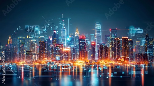 Smart Cityscape Futuristic Night City with Digital Overlay