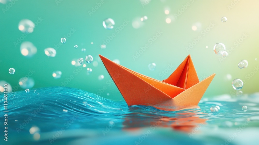 An orange paper boat floats on shimmering water with bubbles in a serene setting. An orange paper boat floats on shimmering water with bubbles in a serene setting.