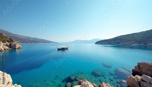 A boat on calm waters with a rocky coastline in the background