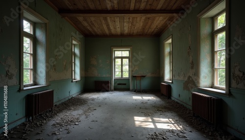 Old room with wood ceiling, peeling paint, and debris on floorEmpty blue-walled room showing signs of