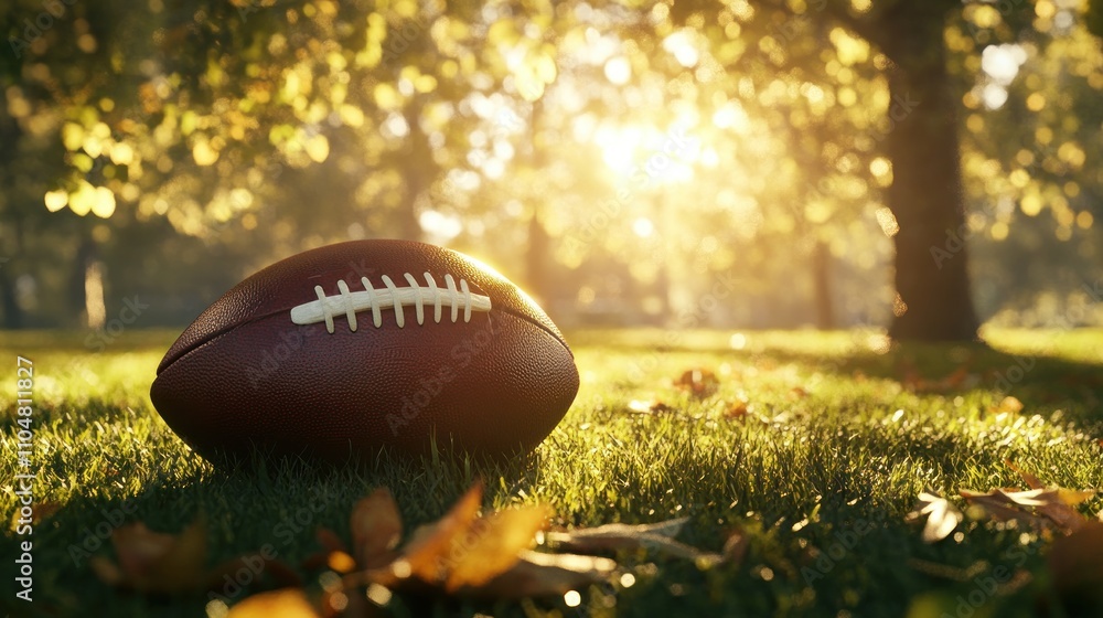 A football resting on grass surrounded by autumn leaves and sunlight. A football resting on grass surrounded by autumn leaves and sunlight.