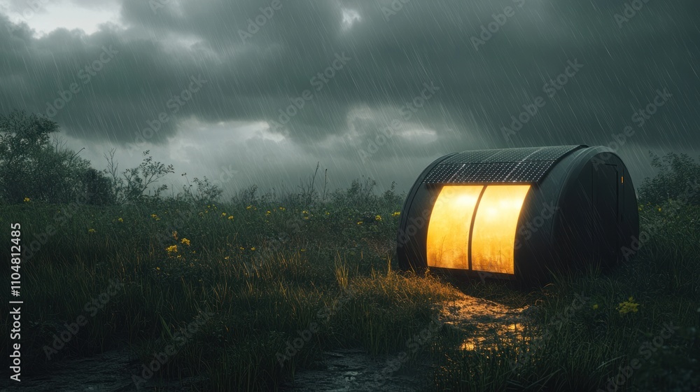 A small shelter illuminated in a rainy landscape, surrounded by grass and wildflowers. A small shelter illuminated in a rainy landscape, surrounded by grass and wildflowers.