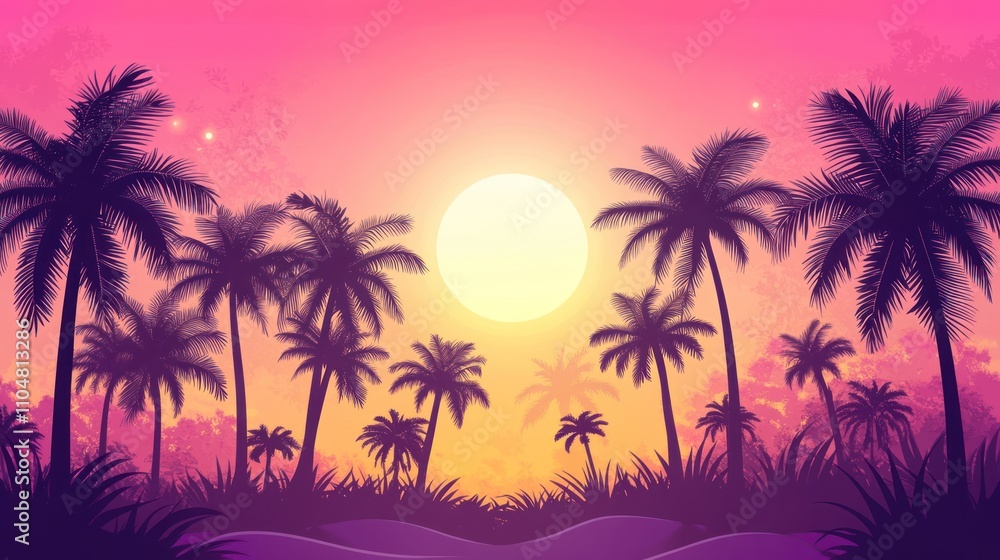 Fototapeta premium A vibrant sunset scene with palm trees silhouetted against a colorful sky.