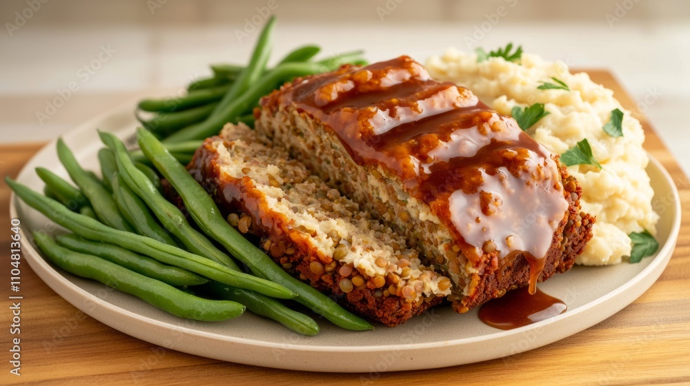 Delicious Vegan Lentil Meatloaf with Tangy Glaze and Creamy Mashed Cauliflower - Plant-Based Food Photography Delicious Vegan Lentil Meatloaf with Tangy Glaze and Creamy Mashed Cauliflower - Plant-Based Food Photography