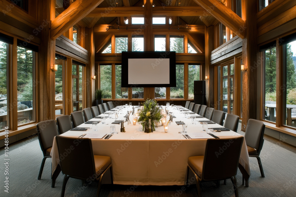 Elegant conference room with wooden beams and large windows Elegant conference room with wooden beams and large windows