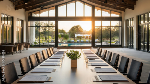 Modern conference room with view of serene outdoor pool area