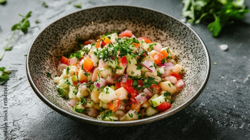 A vibrant bowl of fresh salsa featuring diced vegetables and herbs. A vibrant bowl of fresh salsa featuring diced vegetables and herbs.