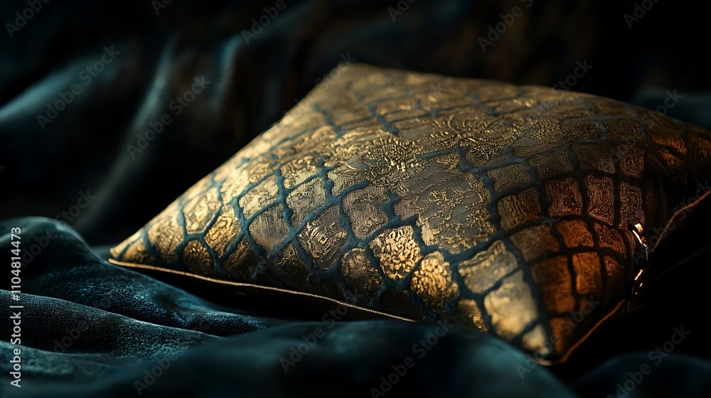 A close-up of a designer bag with a unique pattern, resting on a luxurious velvet surface, illuminated by soft light A close-up of a designer bag with a unique pattern, resting on a luxurious velvet surface, illuminated by soft light