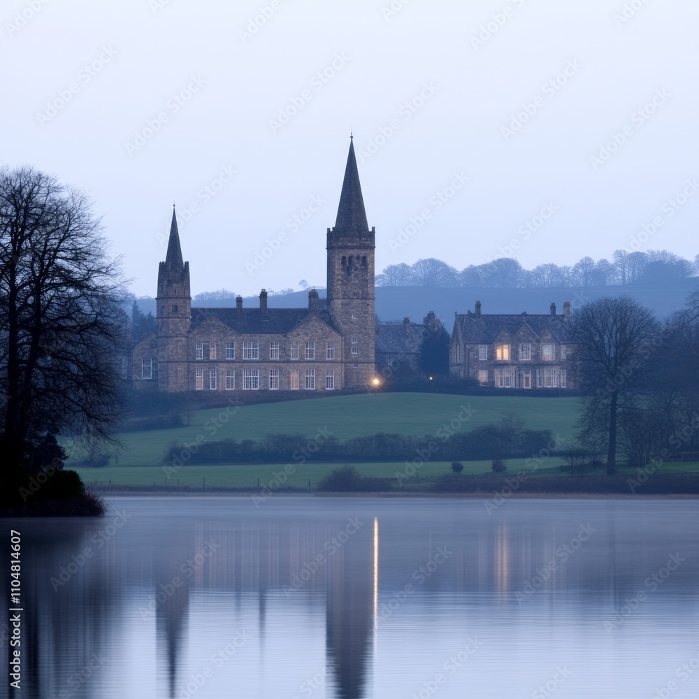 Serene dawn view of a lake reflecting a historic building complex. Serene dawn view of a lake reflecting a historic building complex.