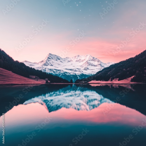 Serene mountain lake reflecting a vibrant sunset sky.