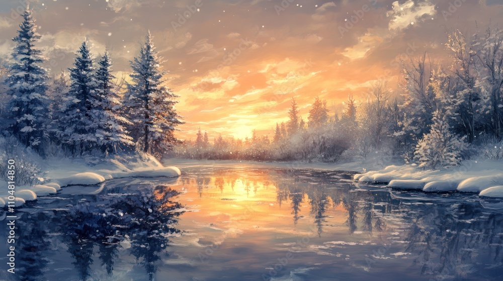 Winter Wonderland Sunset: A Serene Snow-Covered River Reflecting a Golden Sunset Winter Wonderland Sunset: A Serene Snow-Covered River Reflecting a Golden Sunset