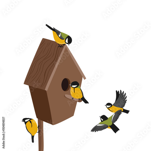 vector drawing wooden birdhouse and great tit birds, nesting boxes isolated at white background, hand drawn vector illustration