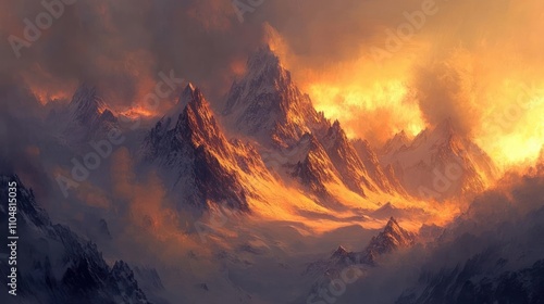 A dramatic mountain landscape at sunset, showcasing vibrant colors and rugged terrain.