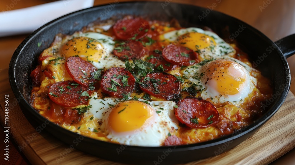 A skillet dish featuring eggs, pepperoni, and herbs, perfect for breakfast or brunch. A skillet dish featuring eggs, pepperoni, and herbs, perfect for breakfast or brunch.
