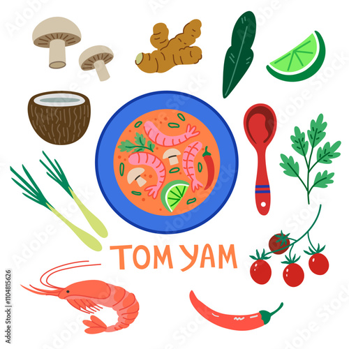 Tom yam soup, tom yum. Traditional Thai food, top view of meal and ingredients. Illustration in colorful trendy style.