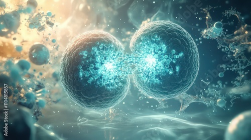 A hyper-realistic 3D rendering of a microscopic view of the process of cell division. The parent cell is glowing softly in a bluish hue, splitting into two perfectly spherical daughter cells 