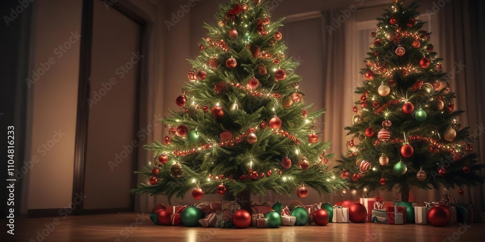Festive Christmas tree covered in red and green baubles and glowing lights, holiday, traditional, vibrant Festive Christmas tree covered in red and green baubles and glowing lights, holiday, traditional, vibrant