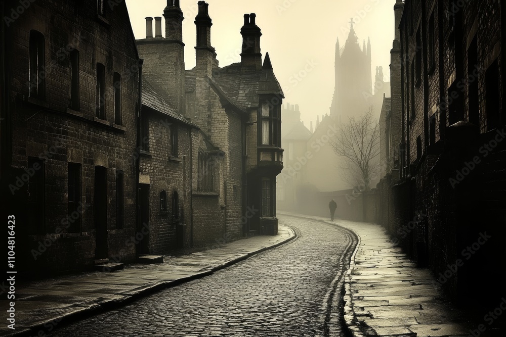 Obraz premium Foggy Cobblestone Street in Historic European Town with Solitary Figure
