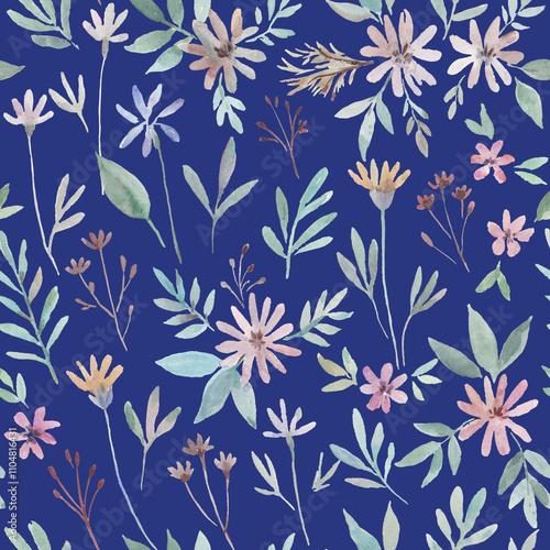 Cute delicate floral pattern with pink flowers and plants.Hand-drawn watercolor illustration.