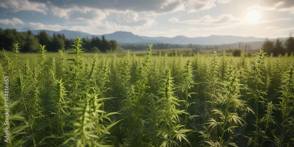 Naklejka premium Scenic view of wild hemp growing in a rural area, flora, green plants, agricultural revolution, bio diversity, blossoms