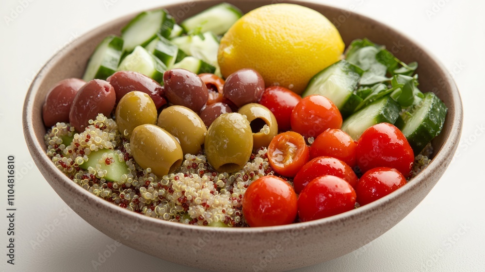 Vibrant Mediterranean Quinoa Salad with Olives and Lemon-Olive Oil Dressing Served in a Bowl Vibrant Mediterranean Quinoa Salad with Olives and Lemon-Olive Oil Dressing Served in a Bowl