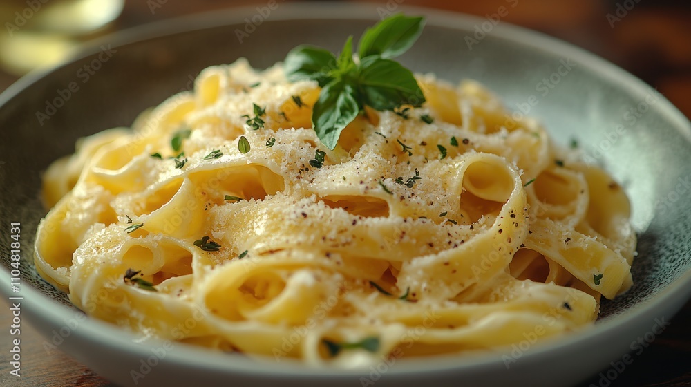 A plate of fettuccine pasta topped with grated Parmesan cheese, fresh basil and pepper. A plate of fettuccine pasta topped with grated Parmesan cheese, fresh basil and pepper.