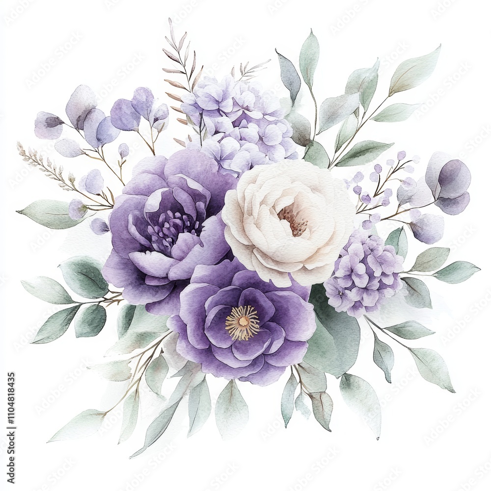 Fototapeta premium Watercolor floral bouquet arrangement with lavender roses, white peonies, pale purple hydrangeas, green leaves for wedding stationary, backgrounds and prints