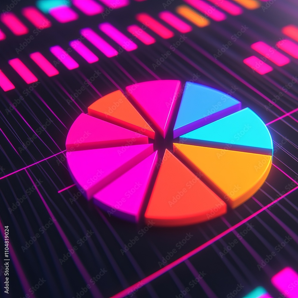 Obraz premium Vibrant 3D pie chart on a dark grid background.