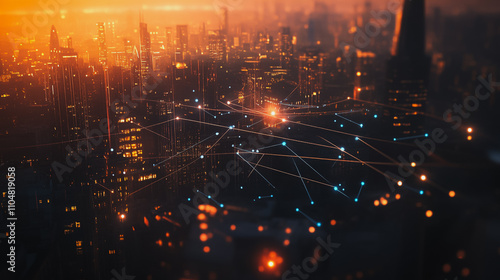 Smart digital city with connection cyber security network reciprocity over the twilight cityscape.future wireless digital city and social media networking systems that connects people within the city