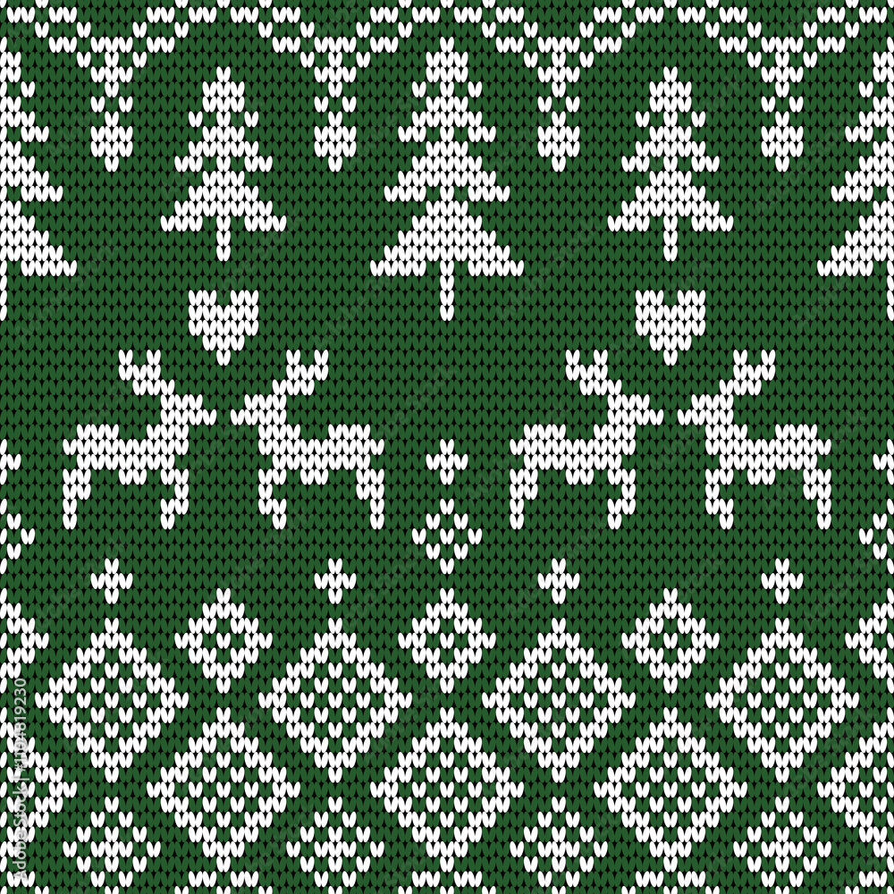 Christmas Seamless Knitted Pattern - Couple Reindeer and Tree Design for Winter Holiday Digital Background Christmas Seamless Knitted Pattern - Couple Reindeer and Tree Design for Winter Holiday Digital Background