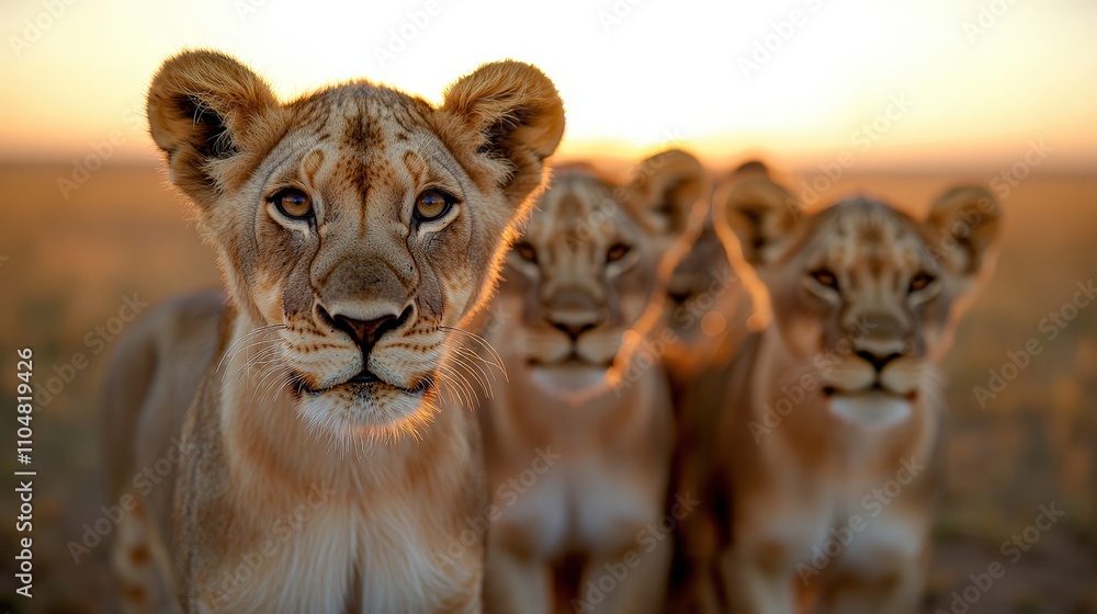 Majestic Lionesses at Sunset in African Savanna