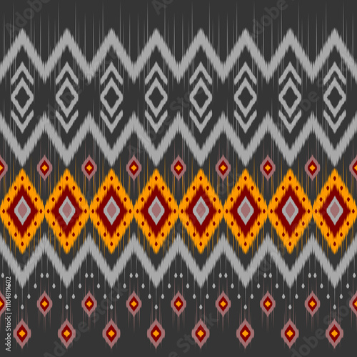 Seamless Bold Geometric Ikat Pattern with Vibrant Yellow and Gray Accents