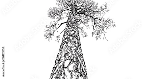 Tall Tree Trunk Branches Black and White Illustration Nature Forest Woods Sketch Line Art Graphic