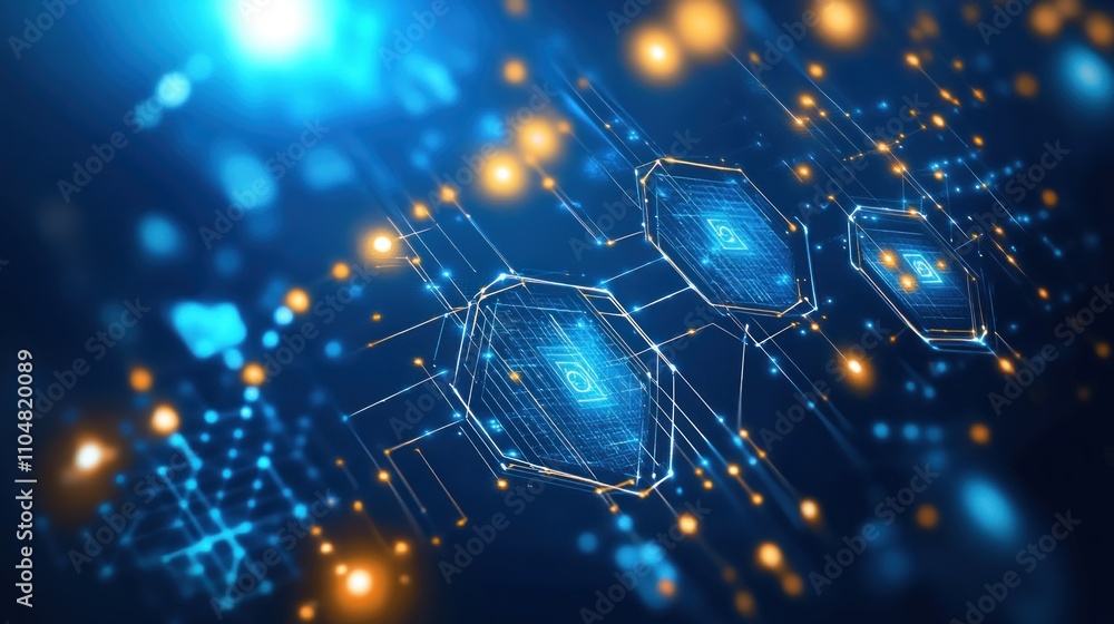 Abstract digital representation of interconnected technology nodes with glowing elements. Abstract digital representation of interconnected technology nodes with glowing elements.