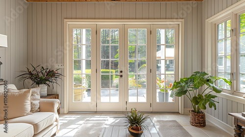 Sunroom with white French doors, wooden walls, light grey paneling, cream window frames, plants, coffee table near entrance, front door view.