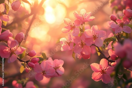 A close-up of delicate pink cherry blossoms illuminated by the warm glow of the setting sun.