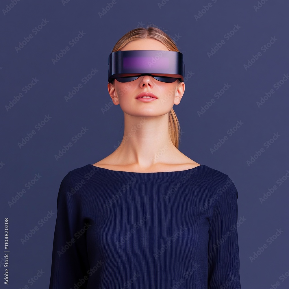 Woman wearing VR headset, futuristic tech. Woman wearing VR headset, futuristic tech.
